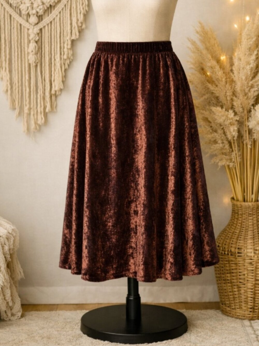 Calvin Klein Soft Velvet Midi Skirt XL Brown Jewel Tone Quiet Luxury Boho Luxe